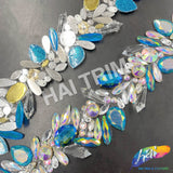 2 1/4" Crystal AB/Blue AB Clustered Rhinestone Iron On Trim, IRT-166-1