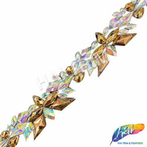 1" Crystal AB/Light Gold Spike Resin Stone Iron On Trim, IRT-183