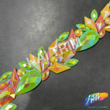 1 1/2" Matte Lime Green/Orange/Yellow AB Resin Stone Iron On Trim, IRT-189