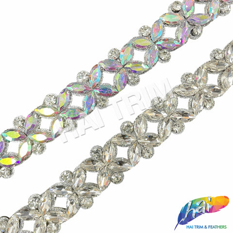 1 1/8" Crystal Jewel Motif Rhinestone Iron On Trim, IRT-199