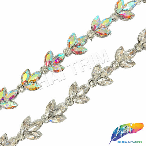 7/8" Leaf Crystal Jewel Motif Rhinestone Iron On Trim, IRT-201