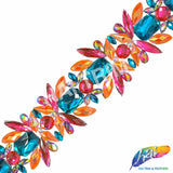 2 1/2" Orange/Teal/Hot Pink Resin Stone Iron On Trim, IRT-218