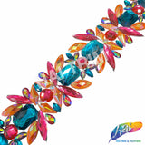 2 1/2" Orange/Teal/Hot Pink Resin Stone Iron On Trim, IRT-218
