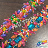 2 1/2" Multicolor/Hot Pink Resin Stone Iron On Trim, IRT-218