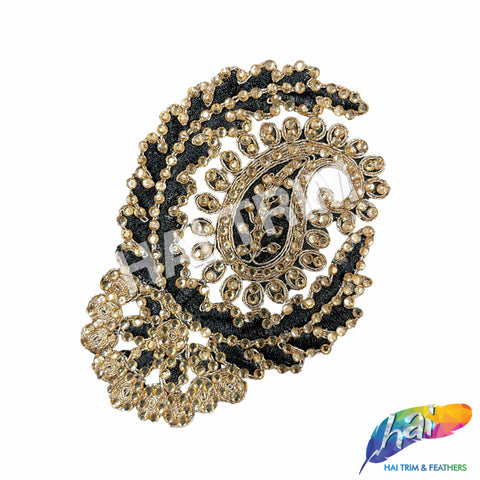 Gold/Black Rhinestone Motif Embroidered Applique, LAP-48