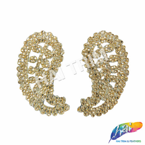 Gold Paisley Rhinestone Embroidered Applique (sold by pair), LAP-49