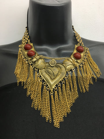 Gold/Burgundy Tribal Necklace, NEK-051