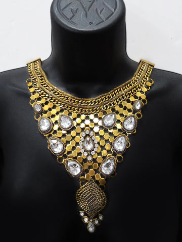 Gold Tribal Necklace with Rhinestones, NEK-080