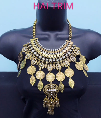 Gold Tribal Necklace with Rhinestones, NEK-007