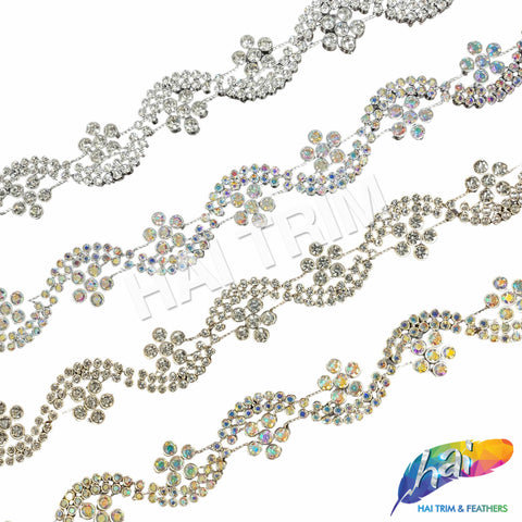 7/8"  Wavy Flower Rhinestone Plastic Stud Trim, PST-216