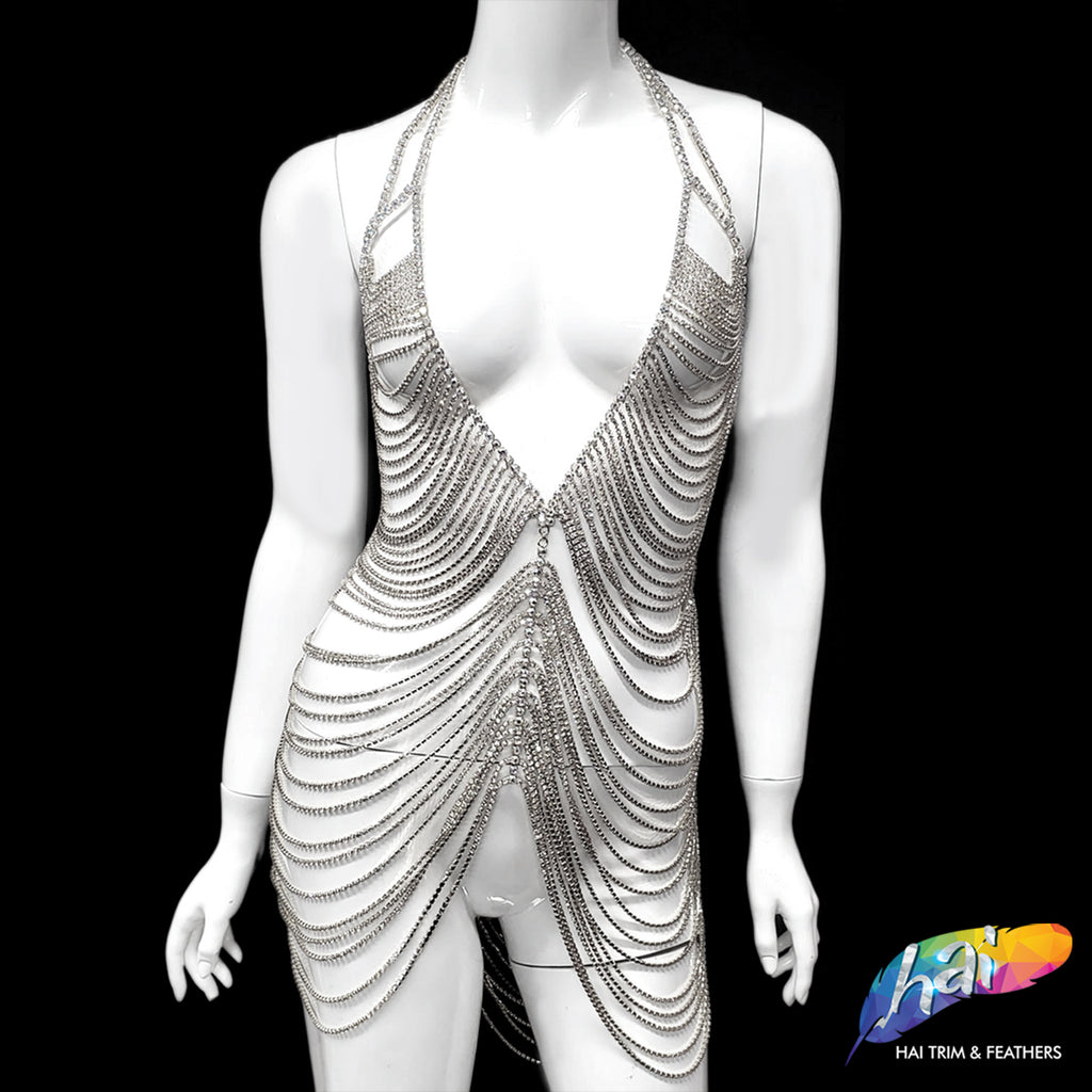 Crystal Rhinestone Cupchain Mermaid Body Chain Dress, RD-100 Hai Trim & Feathers Crystal Rhinestone Cupchain Mermaid Body Chain Dress, RD-100 Hai Trim & Feathers
