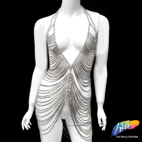 silver diamante chain halterneck detail bodycon dress Plunge Neck Diamante Detail Low Open Back Maxi Dress In Silver Chainmail | EGO US