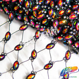 Black Fishnet Mesh Trim with Colored Acrylic Cateye Stones