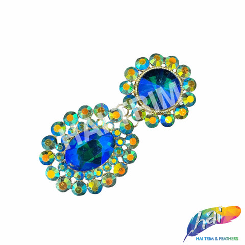 SALE! Blue Green Fancy Chained Flower Rhinestone Medallion Applique, YH-118