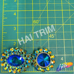 SALE! Blue Green Fancy Chained Flower Rhinestone Medallion Applique, YH-118