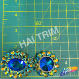 SALE! Blue Green Fancy Chained Flower Rhinestone Medallion Applique, YH-118