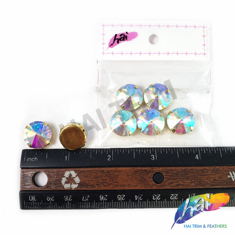 15mm Crystal AB Round Sew-on Rhinestones w/ Gold Metal Setting (7 pieces)