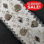 CLOSEOUT! 5 yards Gunmetal Stones Silver Sequins on Silver Glitter White Mesh  , COT-041