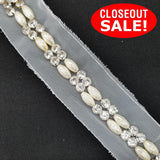 CLOSEOUT! 4.5 yards Off White Beads and Rhinestones Trim on White Mesh , COT-012