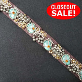 CLOSEOUT! 5 yards Turquoise Stones and Silver Gold Beads on Brown Fabric Backing, COT-027