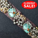 CLOSEOUT! 5 yards Turquoise Stones and Silver Gold Beads on Brown Fabric Backing, COT-027