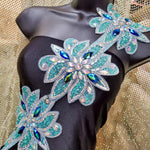 6” Tiffany Blue/Jet AB Rhinestone Flower Iron on Trim by the piece (1 yard), IRT-128
