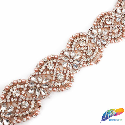 1 3/4" Rose Gold Pearl Beaded Crystal Rhinestone Trim (sold by yard pi Hai Trim & Feathers 1 3/4" Rose Gold Pearl Beaded Crystal Rhinestone Trim (sold by yard pi Hai Trim & Feathers