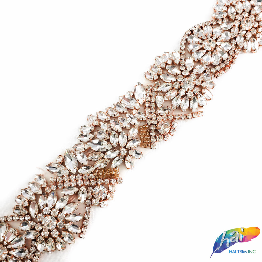 RHS-TRM-1570-ROSEGOLD. CLEAR CRYSTAL RHINESTONE TRIM WITH ROSEGOLD BEADS -  1 INCH WIDE