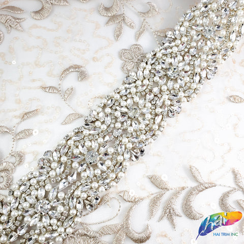 2 1/4" Pearl Beaded Crystal Rhinestone Trim (sold by yard piece), BRT-039