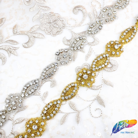1” Navette Flower Beaded Rhinestone Trim (sold by yard piece), BRT-006