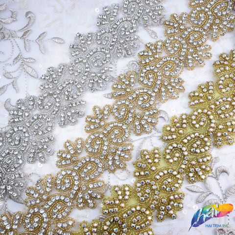 2 1/4” Flower Beaded Rhinestone Trim (sold by yard piece), BRT-031