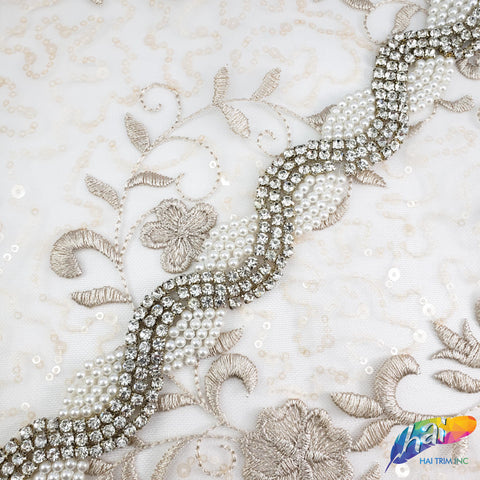 1 1/8” Spiral Pearl Beaded Rhinestone Trim (sold by yard piece), BRT-025