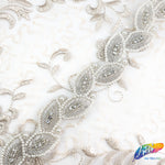 1 1/2" Beaded Pearl Crystal Rhinestone Leaf Trim (sold by yard piece), BRT-045
