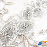 1 1/2" Beaded Pearl Crystal Rhinestone Leaf Trim (sold by yard piece), BRT-045