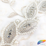 1 1/2" Beaded Pearl Crystal Rhinestone Leaf Trim (sold by yard piece), BRT-045