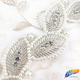1 1/2" Beaded Pearl Crystal Rhinestone Leaf Trim (sold by yard piece), BRT-045
