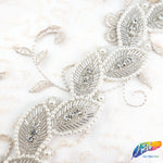 1 1/2" Beaded Pearl Crystal Rhinestone Leaf Trim (sold by yard piece), BRT-045