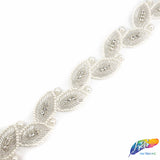 1 1/2" Beaded Pearl Crystal Rhinestone Leaf Trim (sold by yard piece), BRT-045