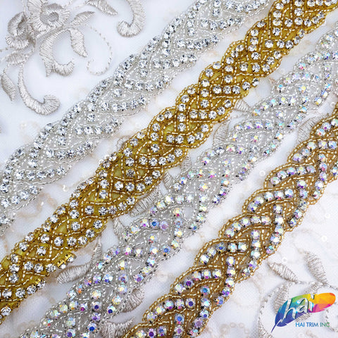 1” Braided Beaded Rhinestone Trim (sold by yard piece), BRT-010