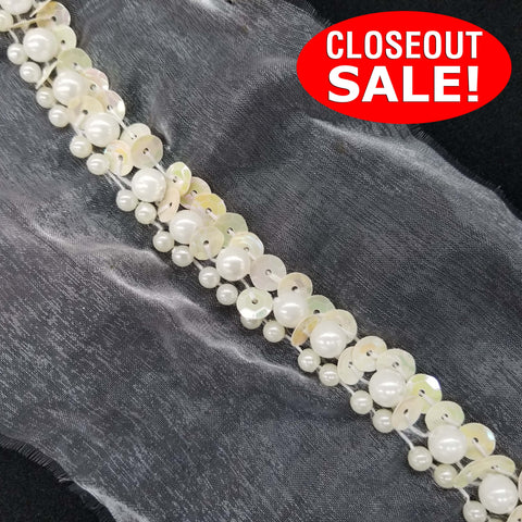 CLOSEOUT! 5 yards Off White Pearls and Sequins Trim on White Mesh , COT-009