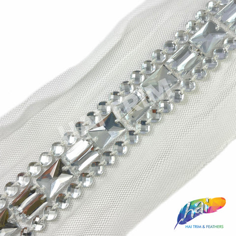 1 1/8" Beaded Acrylic Stone Trim with Mesh (Sold by Yard Piece), ACR-005