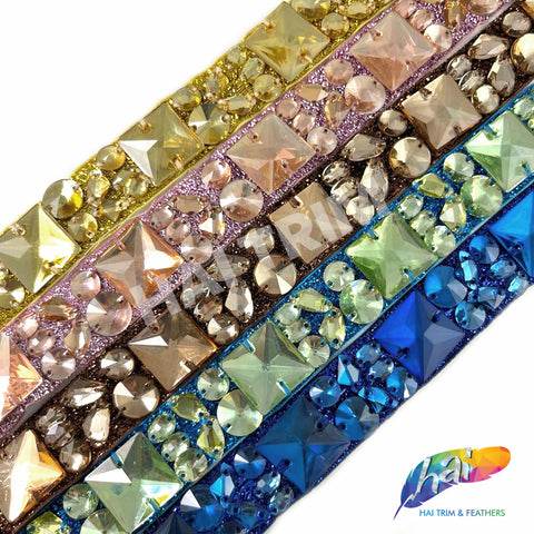 Rhinestone Applique Strip Pearls & Square Stones | 12in