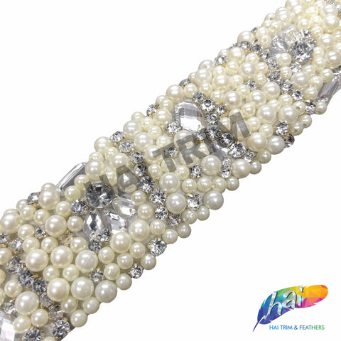 2” Ivory Pearl Beaded Rhinestone Trim on Felt, ACR-007 – Hai Trim