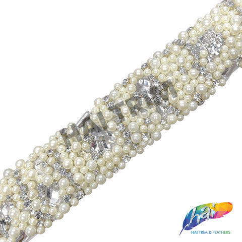 2” Ivory Pearl Beaded Rhinestone Trim on Felt, ACR-007