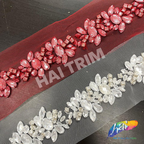 1 3/4” Mesh Covered Beaded Acrylic Rhinestone Trim, ACR-009