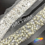 1 3/4” Ivory Pearl Beaded Acrylic Trim with Mesh, ACR-075