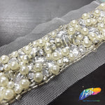 1 3/4” Ivory Pearl Beaded Acrylic Trim with Mesh, ACR-075