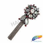 Black Diamond Flower Rhinestone Applique w/ Rhinestone Fringe, BA-144