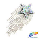 Iridescent Dangling Star Beaded Sequins Applique w/ Beaded Fringe, BA-155