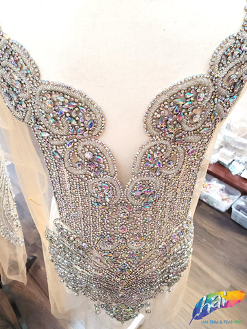 Crystal AB/Nude Mesh Beaded Rhinestone Dress Bodice Applique, BRD-02 AB